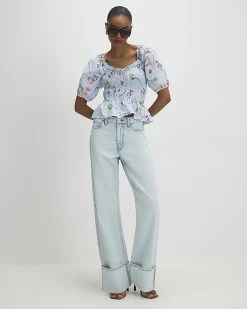 Blue Cotton Floral Puff Sleeve Shirred Top