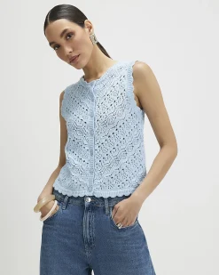 Blue Cotton Knit Scallop Trim Top