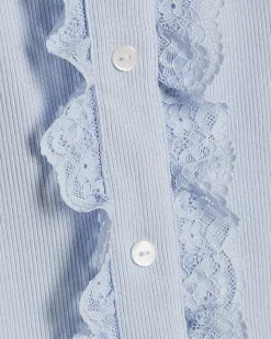 Blue Cotton Lace Trim Ruffle Tank Top