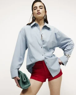 Blue Cotton Long Sleeve Cinched Back Shirt