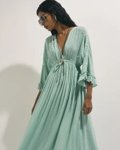 Blue Cotton Mirror Embroidered Maxi Dress