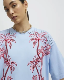 Blue Cotton Palm Cutwork Boyfriend T-Shirt