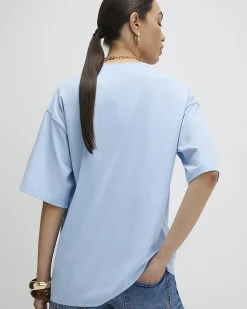 Blue Cotton Palm Cutwork Boyfriend T-Shirt