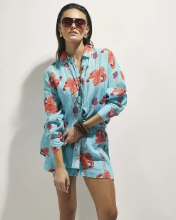 Blue Cotton Palm Print Beach Shirt