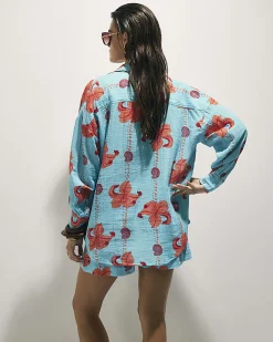 Blue Cotton Palm Print Beach Shirt