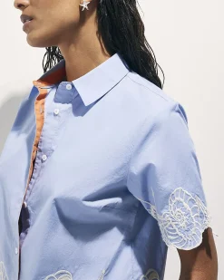Blue Cotton Shell Embroidered Hem Shirt