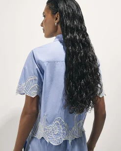 Blue Cotton Shell Embroidered Hem Shirt