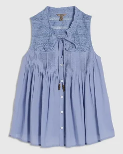 Blue Cotton Sleeveless Lace Yoke Front Blouse