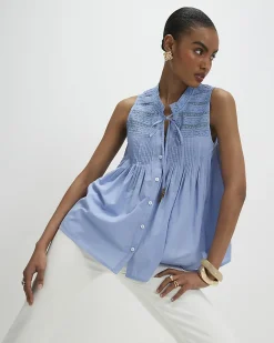 Blue Cotton Sleeveless Lace Yoke Front Blouse