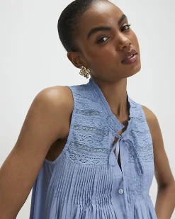 Blue Cotton Sleeveless Lace Yoke Front Blouse