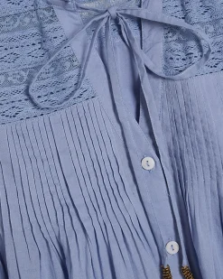 Blue Cotton Sleeveless Lace Yoke Front Blouse