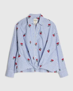 Blue Cotton Stripe Cherry Knot Front Shirt