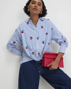 Blue Cotton Stripe Cherry Knot Front Shirt