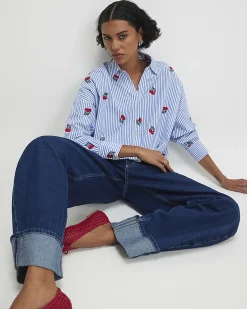 Blue Cotton Stripe Cherry Knot Front Shirt