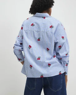Blue Cotton Stripe Cherry Knot Front Shirt