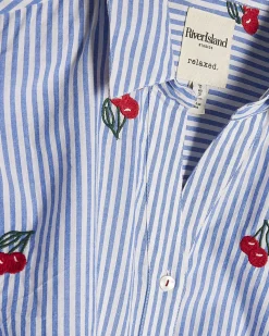 Blue Cotton Stripe Cherry Knot Front Shirt
