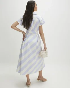 Blue Cotton Striped Midi Shirt Dress