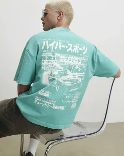 Blue Cotton Washed Japanese Car T-Shirt