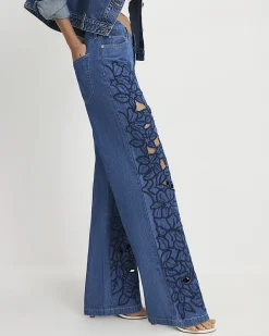 Blue Cut Out Floral Relaxed Straight Jeans