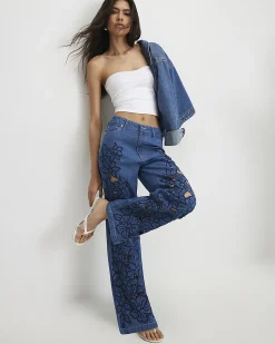 Blue Cut Out Floral Relaxed Straight Jeans