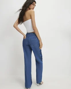 Blue Cut Out Floral Relaxed Straight Jeans