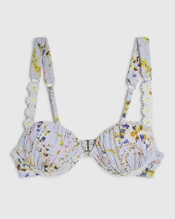 Blue Daisy Floral Print Ruched Bikini Top