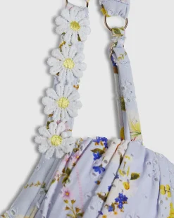 Blue Daisy Floral Print Ruched Bikini Top