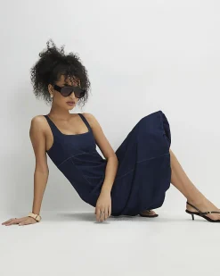 Blue Denim Bubble Hem Midi Dress