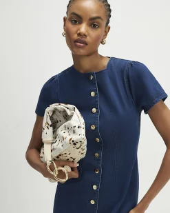 Blue Denim Button Cap Sleeve Midi Dress