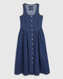 Blue Denim Button Front Midi Dress