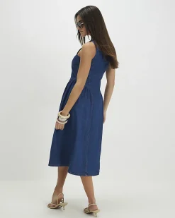Blue Denim Button Front Midi Dress