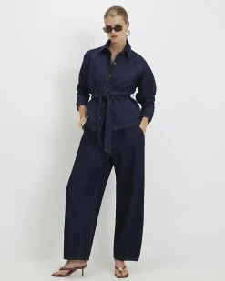 Blue Denim Cropped Trench Jacket
