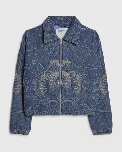 Blue Denim Embroidered Quilted Bomber Jacket