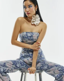 Blue Denim Floral Bandeau Top