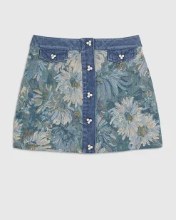 Blue Denim Floral Tapestry Mini Skirt