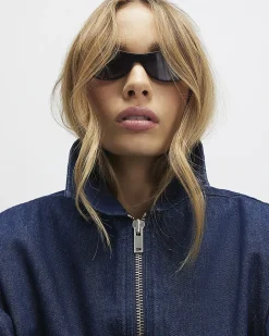 Blue Denim Gathered Hem Bomber Jacket