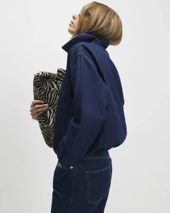 Blue Denim Gathered Hem Bomber Jacket