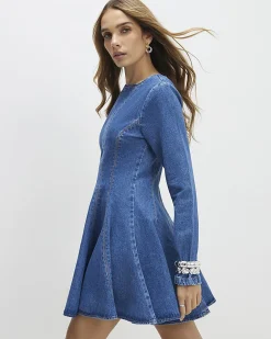 Blue Denim Long Sleeve Seamed Mini Dress