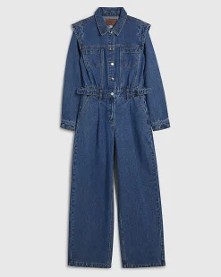 Blue Denim Long Sleeve Waisted Jumpsuit