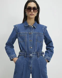 Blue Denim Long Sleeve Waisted Jumpsuit