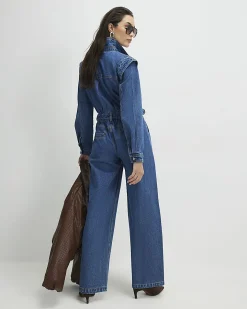 Blue Denim Long Sleeve Waisted Jumpsuit