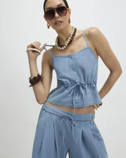 Blue Denim Look Drawstring Waist Cami Top