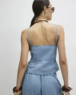 Blue Denim Look Drawstring Waist Cami Top