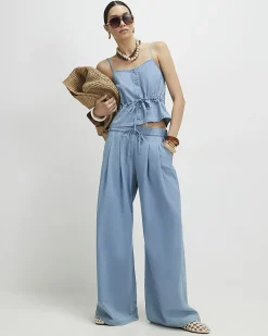 Blue Denim Look Drawstring Wide Leg Trousers