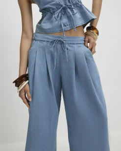 Blue Denim Look Drawstring Wide Leg Trousers