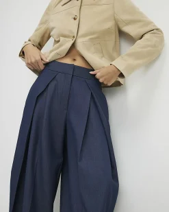 Blue Denim Look Pleated Trousers