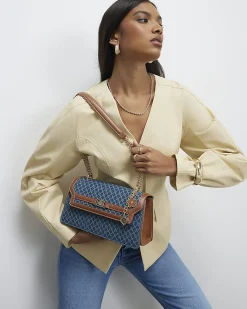 Blue Denim Monogram Print Shoulder Bag