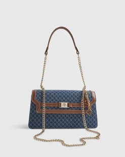 Blue Denim Monogram Print Shoulder Bag