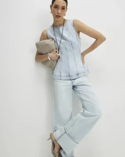 Blue Denim Seamed Peplum Top