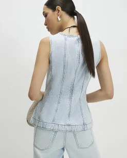 Blue Denim Seamed Peplum Top